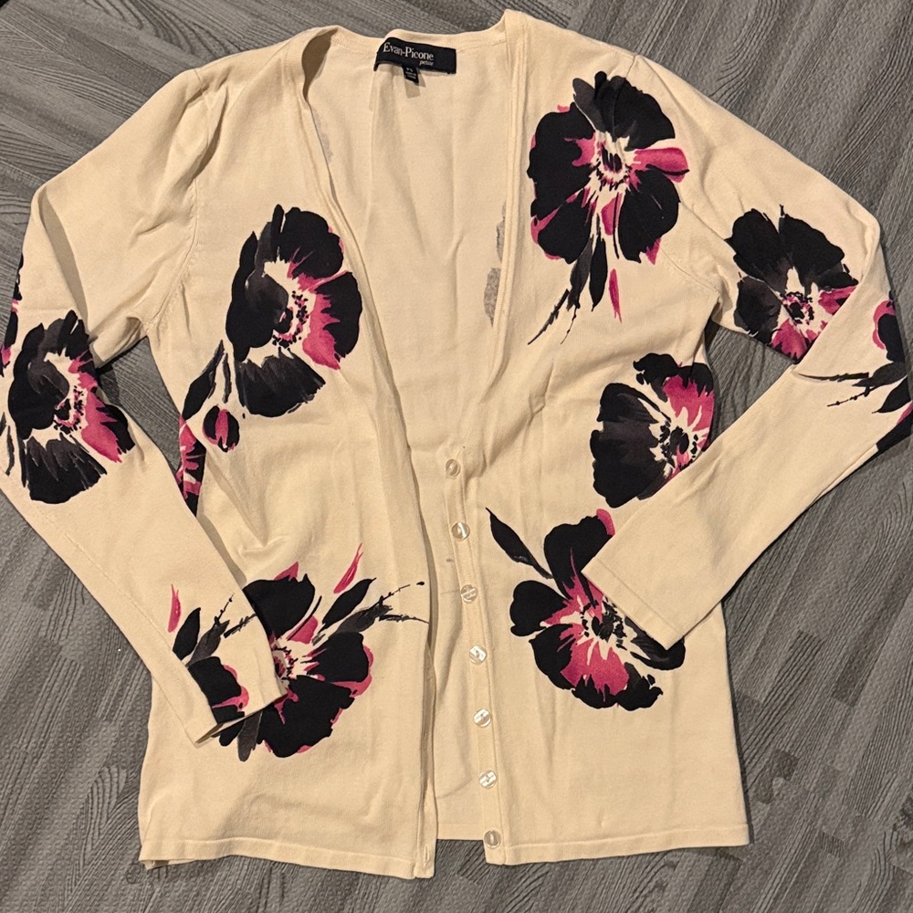 Evan Picone Cream Cardigan with Black and Pink Floral Design